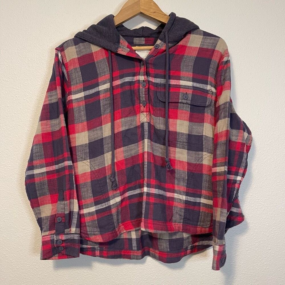 American Eagle Plaid Pink Cropped Hooded Flannel Size Small NWT